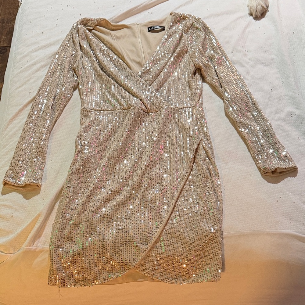 Elegant Sequin Long Sleeve Dress - Cream